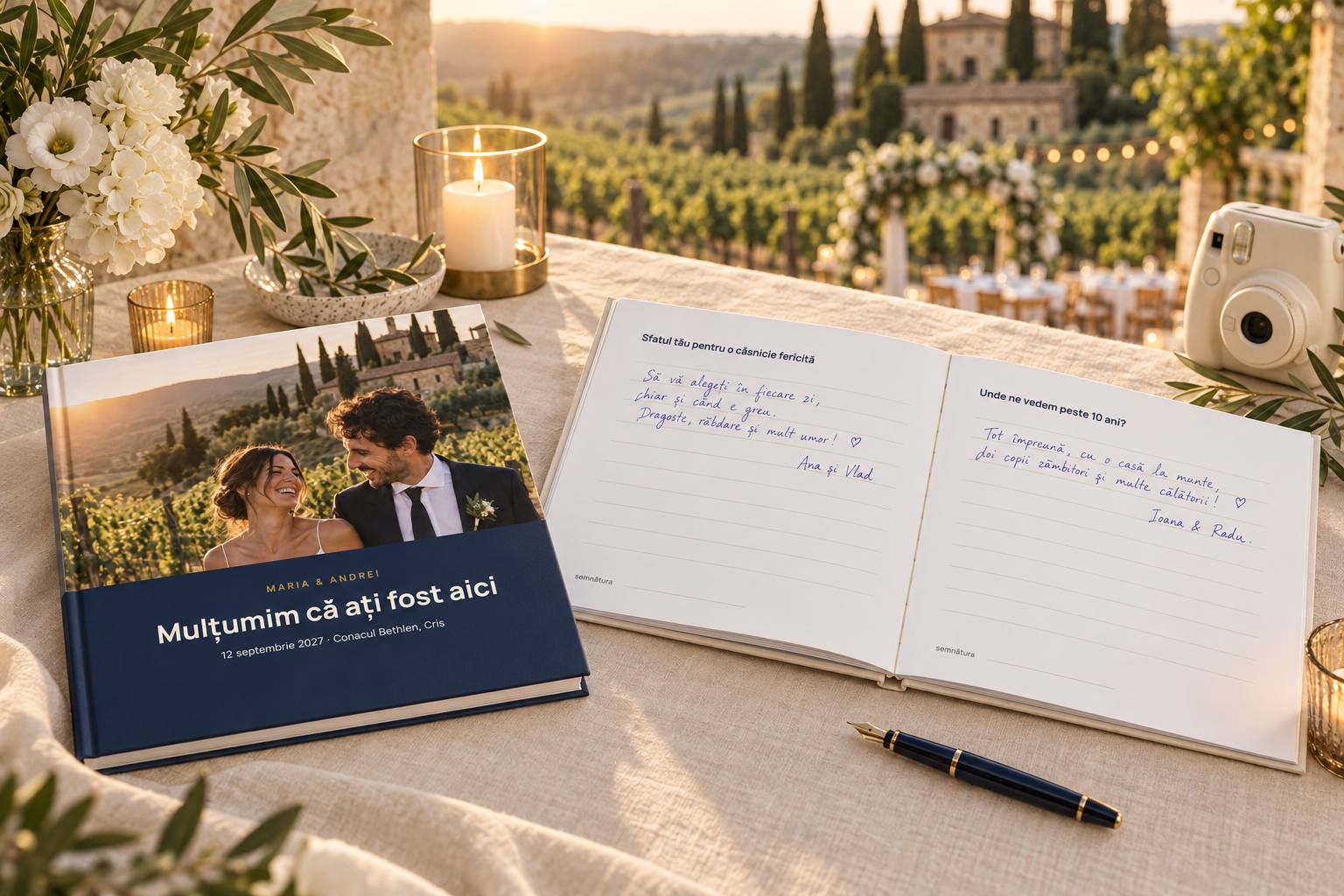 A navy wedding guest book with an engagement photo, open on a table.