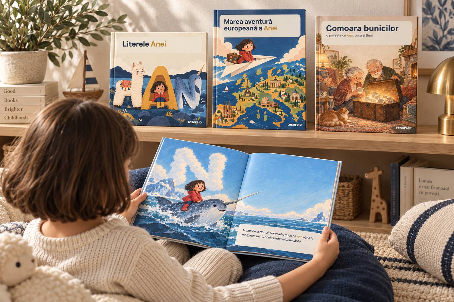 A child reading an illustrated personalised book, with three children's books on the shelf behind them.