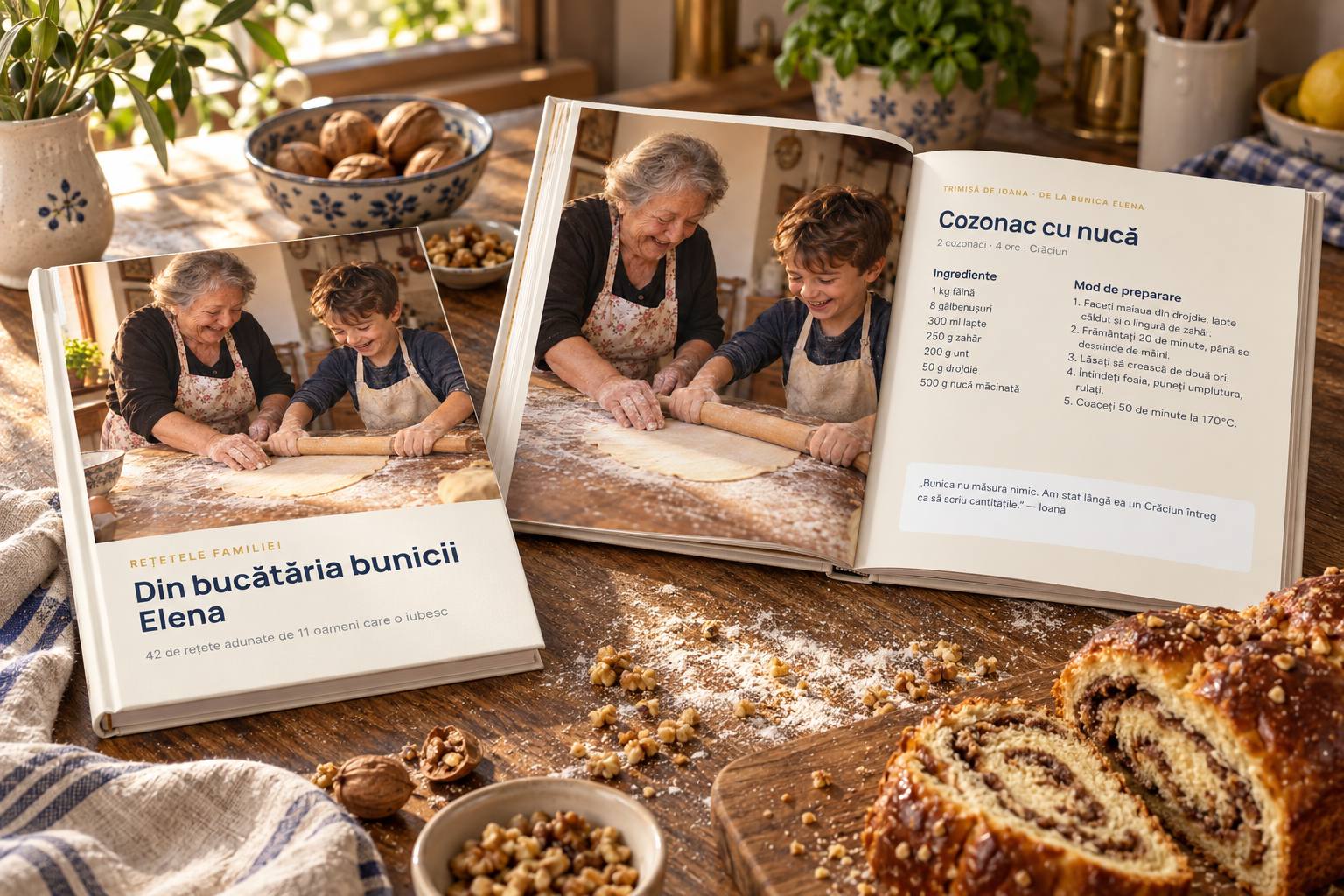 An open family recipe book with photos of a grandmother baking with her grandson.